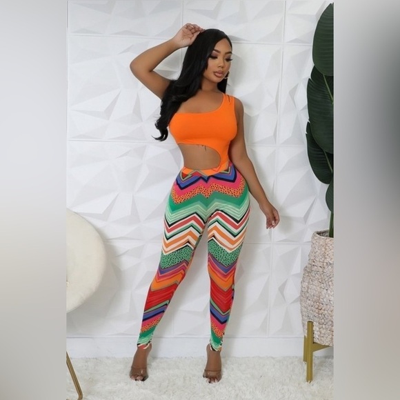 Women’s Orange 2-Piece Bodysuit Multi Color Design Leggings Pants - Picture 5 of 17